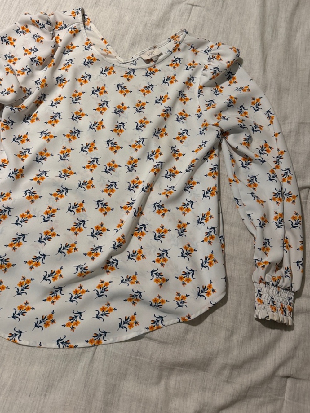 LOFT White Blouse with Orange and Navy Floral Print